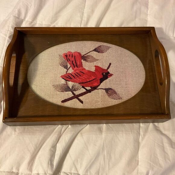 Vintage Cardinal Glass Topped Wood Needlepoint Tray with Handles by Three Mounta - Picture 5 of 11